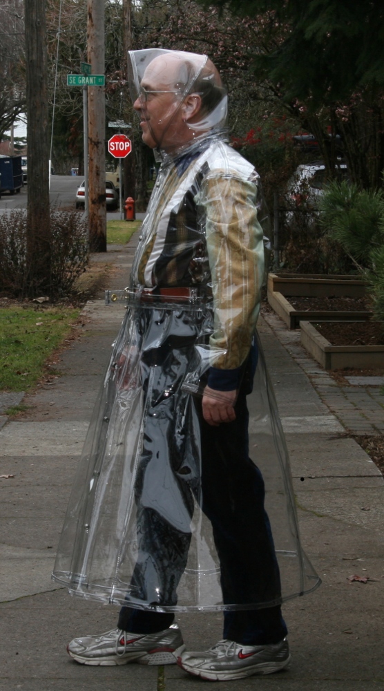 Long Clear Plastic Raincoat With Hood Side View